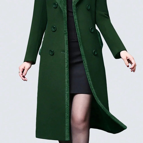 Green Casual Women's Stylish Double-Breasted Notched Lapel Midi Pea Coat - Picture 3 of 5